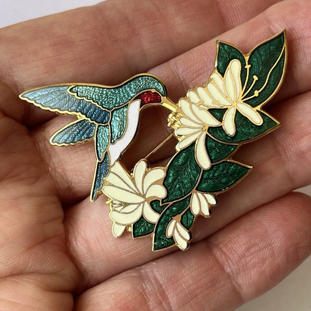 Enamel Hummingbird And Honeysuckle Flower Brooch Cloisonne Style Vtg 1980s